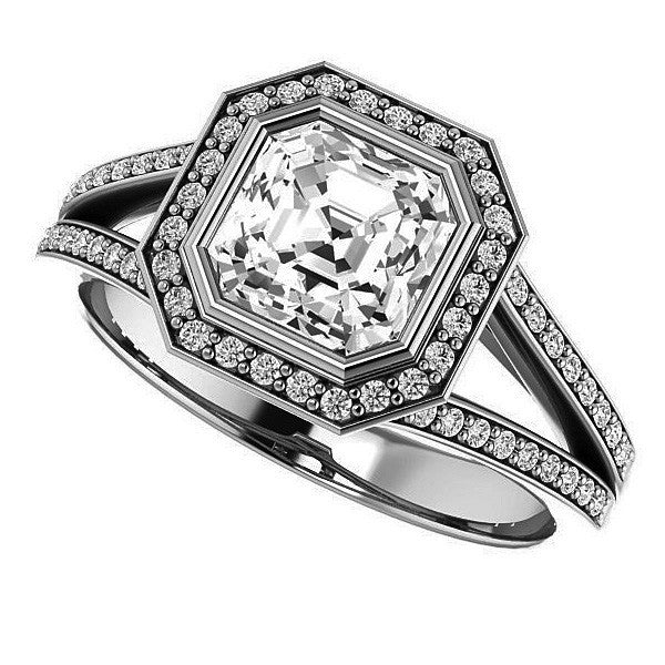 Asscher cut Moissanite Halo Split Shank Cathedral Engagement Ring