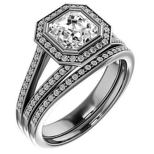 Asscher cut Moissanite Halo Split Shank Cathedral Engagement Ring