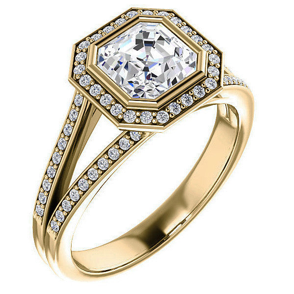 Asscher cut Moissanite Halo Split Shank Cathedral Engagement Ring
