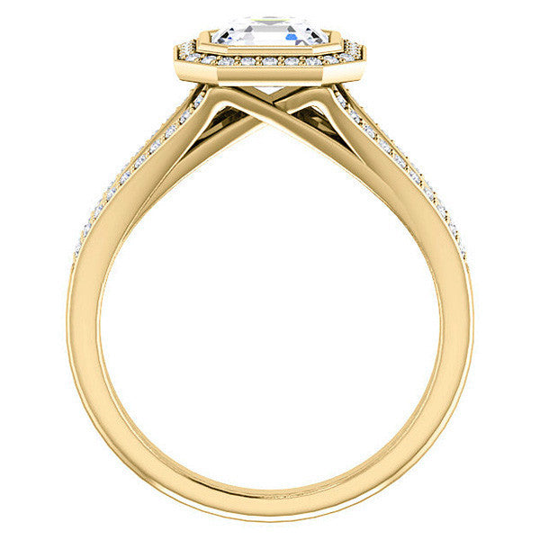Asscher cut Moissanite Halo Split Shank Cathedral Engagement Ring