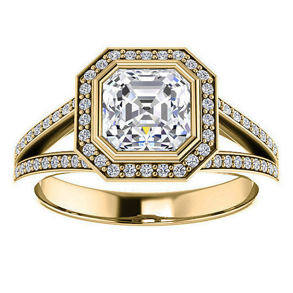 Asscher cut Moissanite Halo Split Shank Cathedral Engagement Ring