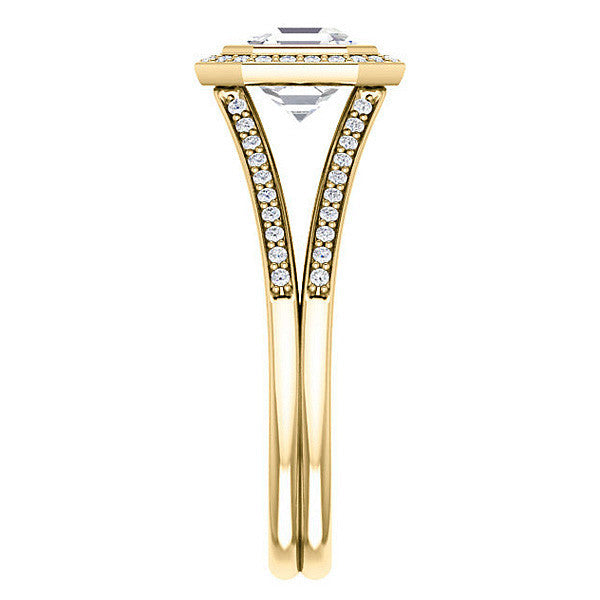 Asscher cut Moissanite Halo Split Shank Cathedral Engagement Ring