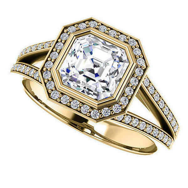 Asscher cut Moissanite Halo Split Shank Cathedral Engagement Ring