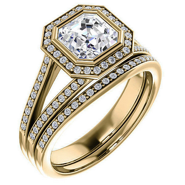 Asscher cut Moissanite Halo Split Shank Cathedral Engagement Ring