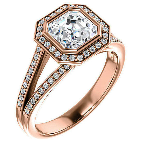 Asscher cut Moissanite Halo Split Shank Cathedral Engagement Ring