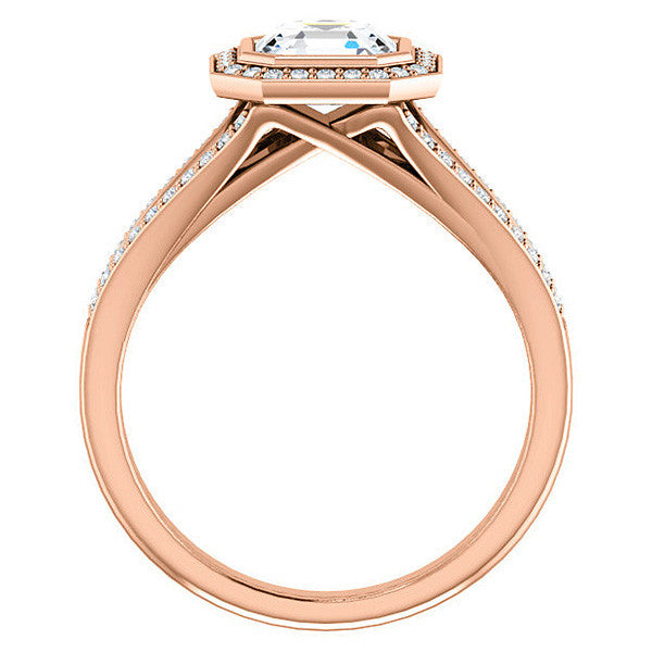Asscher cut Moissanite Halo Split Shank Cathedral Engagement Ring