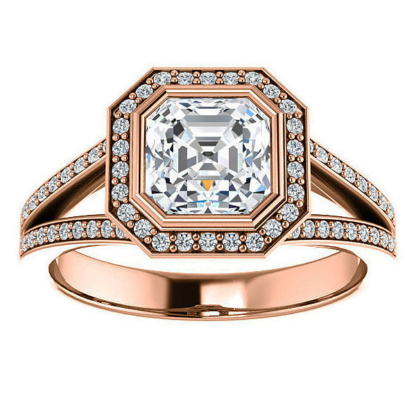 Asscher cut Moissanite Halo Split Shank Cathedral Engagement Ring