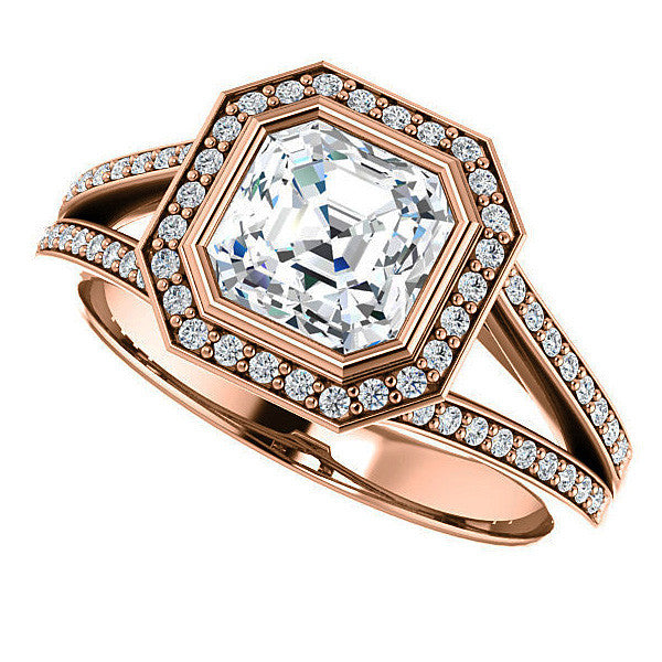 Asscher cut Moissanite Halo Split Shank Cathedral Engagement Ring