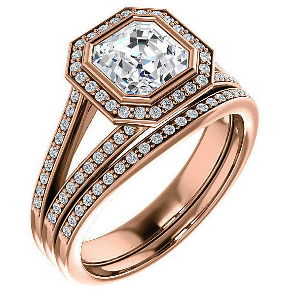 Asscher cut Moissanite Halo Split Shank Cathedral Engagement Ring