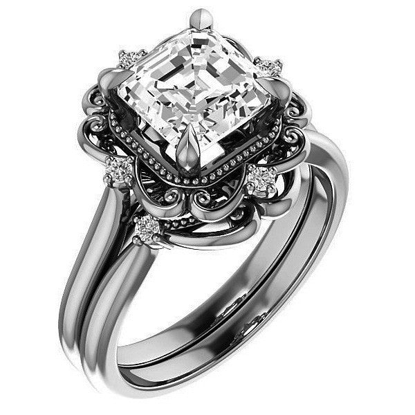 Asscher Moissanite Cathedral Engagement Ring