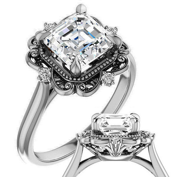 Asscher Moissanite Cathedral Engagement Ring