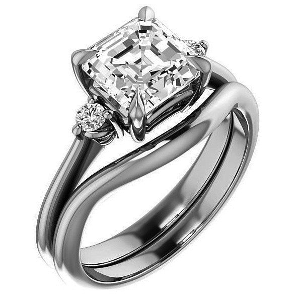 Asscher Moissanite Unique Three Stone Engagement Ring