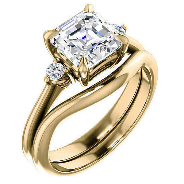 Asscher Moissanite Unique Three Stone Engagement Ring