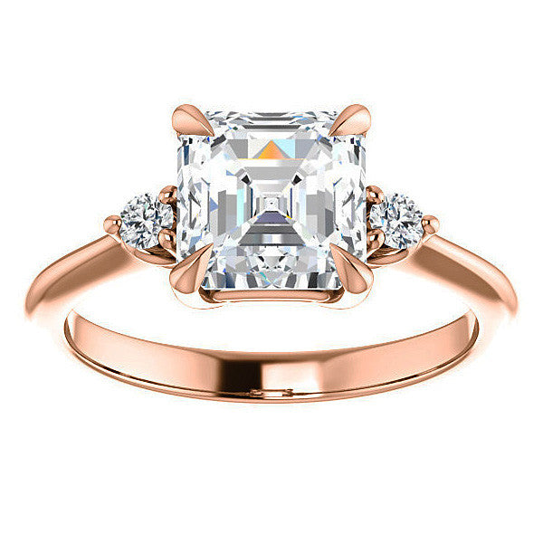 Asscher Moissanite Unique Three Stone Engagement Ring