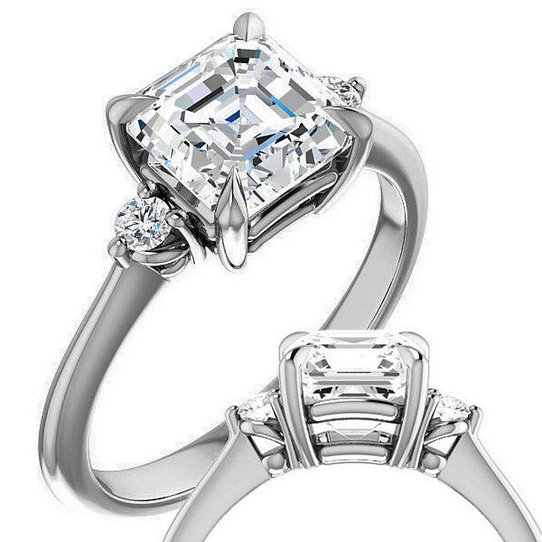 Asscher Moissanite Unique Three Stone Engagement Ring