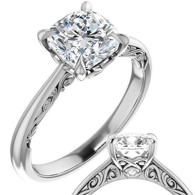 Cushion Surprise Stone Solitaire with Scroll Accents