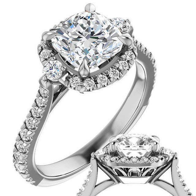 Cushion Moissanite Cathedral Halo Engagement Ring with Claw Prongs