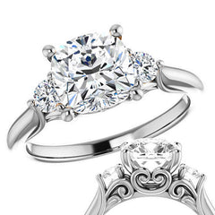 Cushion and Round Moissanite 3-Stone Ring with Scrolls