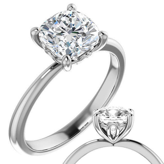 Cushion cut Moissanite Solitaire with Scroll Accent Basket Design