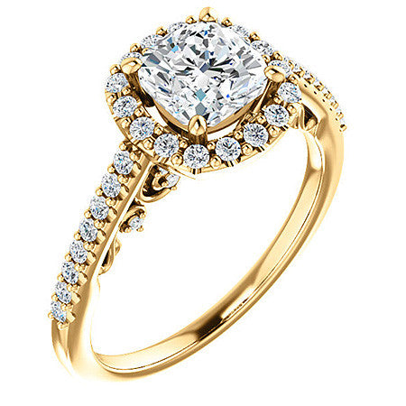 Cushion Ornate Halo Engagement Ring with Scroll Accent