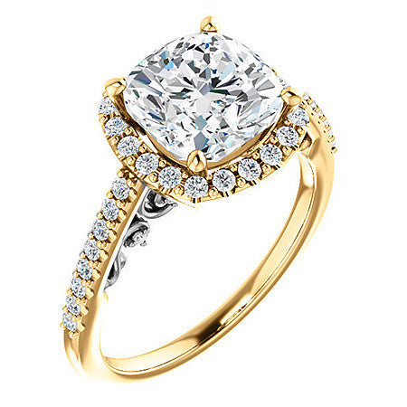 Cushion Ornate Halo Engagement Ring with Scroll Accent