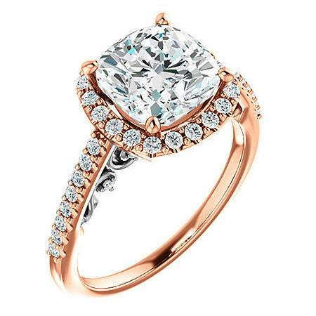 Cushion Ornate Halo Engagement Ring with Scroll Accent