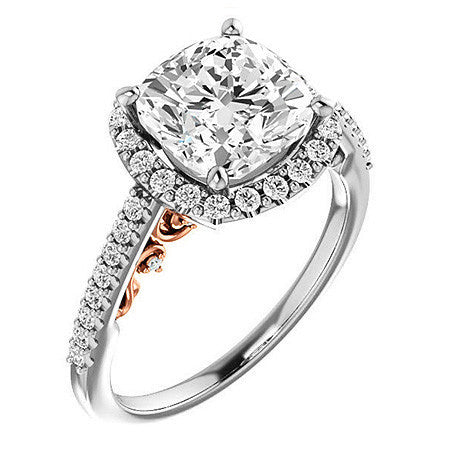Cushion Ornate Halo Engagement Ring with Scroll Accent