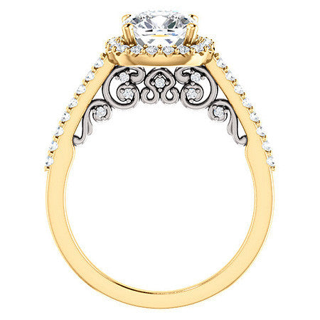 Cushion Ornate Halo Engagement Ring with Scroll Accent