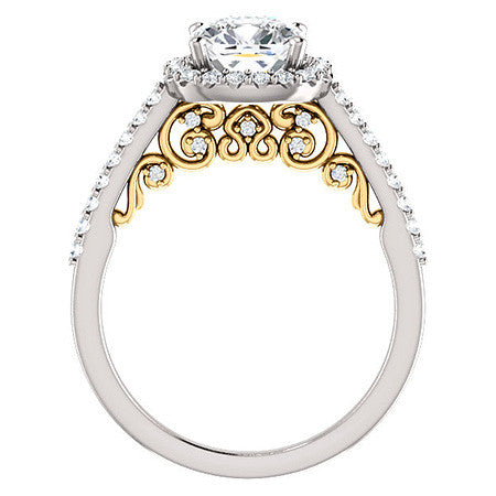 Cushion Ornate Halo Engagement Ring with Scroll Accent
