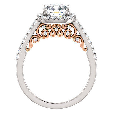 Cushion Ornate Halo Engagement Ring with Scroll Accent