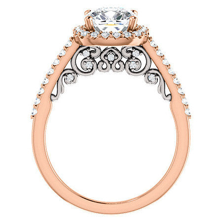 Cushion Ornate Halo Engagement Ring with Scroll Accent