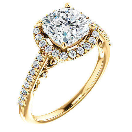 Cushion Ornate Halo Engagement Ring with Scroll Accent