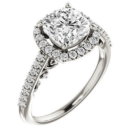 Cushion Ornate Halo Engagement Ring with Scroll Accent