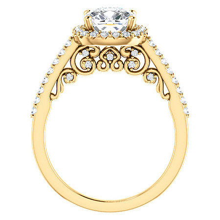 Cushion Ornate Halo Engagement Ring with Scroll Accent