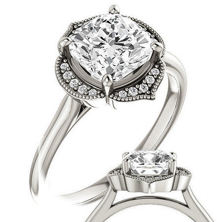 Cushion Petite Halo Floral Engagement Ring with Milgrain