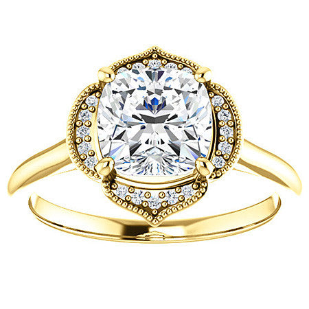 Cushion Petite Halo Floral Engagement Ring with Milgrain
