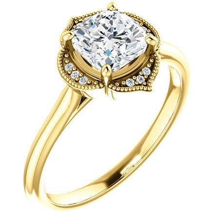 Cushion Petite Halo Floral Engagement Ring with Milgrain