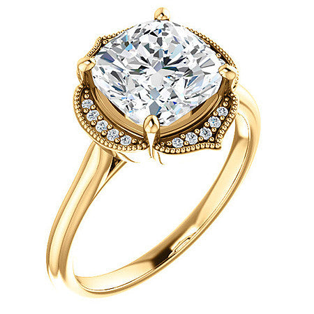 Cushion Petite Halo Floral Engagement Ring with Milgrain