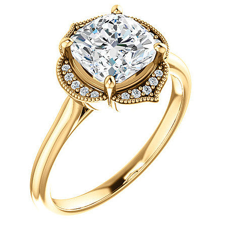 Cushion Petite Halo Floral Engagement Ring with Milgrain