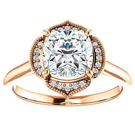 Cushion Petite Halo Floral Engagement Ring with Milgrain