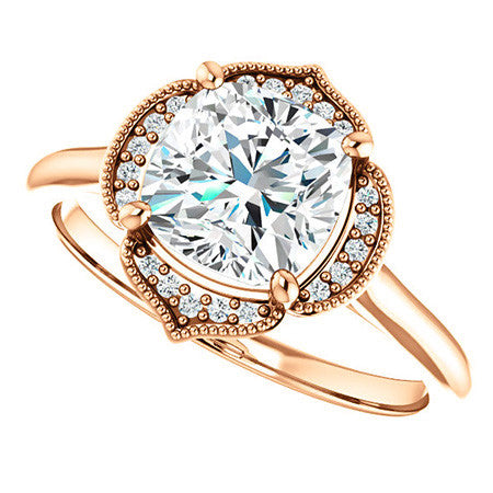 Cushion Petite Halo Floral Engagement Ring with Milgrain