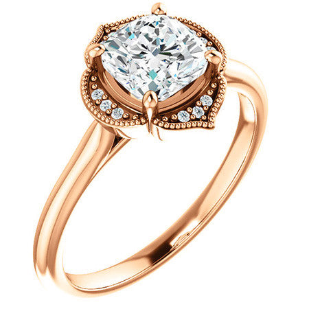 Cushion Petite Halo Floral Engagement Ring with Milgrain