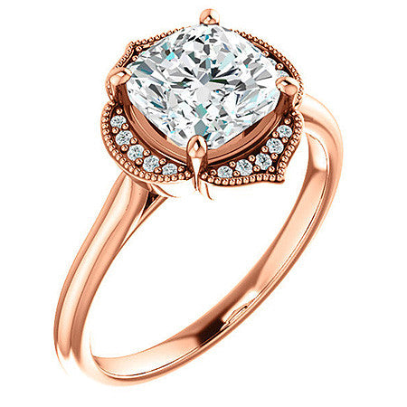 Cushion Petite Halo Floral Engagement Ring with Milgrain