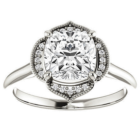 Cushion Petite Halo Floral Engagement Ring with Milgrain