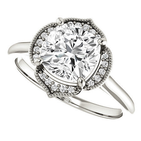 Cushion Petite Halo Floral Engagement Ring with Milgrain