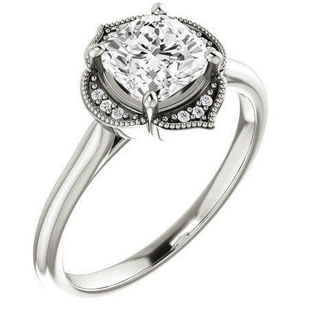 Cushion Petite Halo Floral Engagement Ring with Milgrain