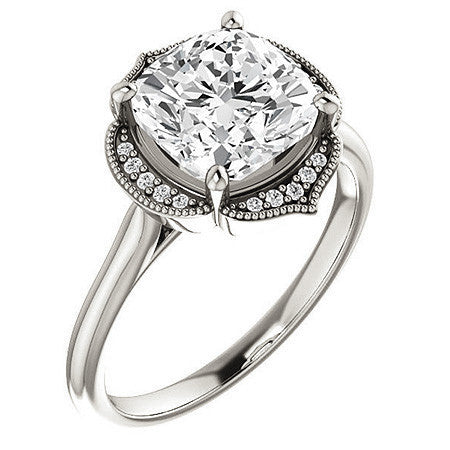 Cushion Petite Halo Floral Engagement Ring with Milgrain