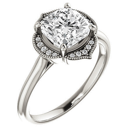 Cushion Petite Halo Floral Engagement Ring with Milgrain