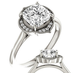 Cushion Petite Halo Floral Engagement Ring with Milgrain