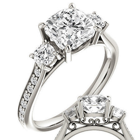 Cushion Three-Stone Moissanite Cathedral Engagement Ring